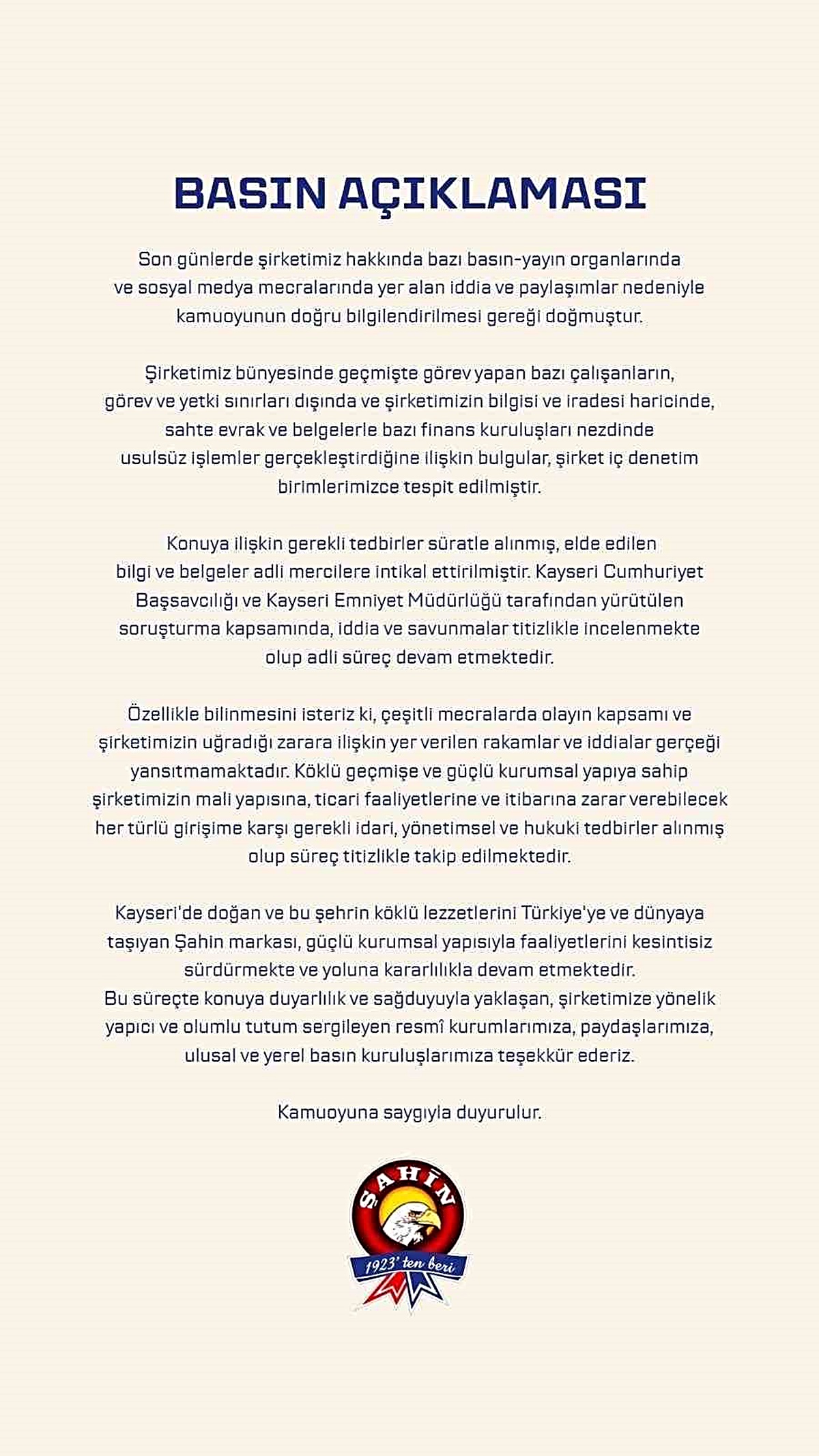 Şahin Sucukları’ndan usulsüzlük iddialarına açıklama: "Süreç titizlikle takip ediliyor"